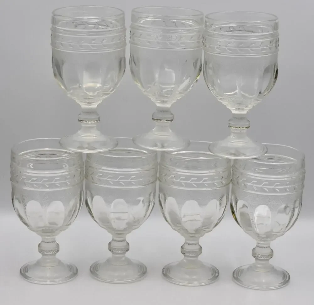 Antique c.1800 EAPG Glass Stippled Ovals Banded Arrow Wine Tea Water Goblets - 7